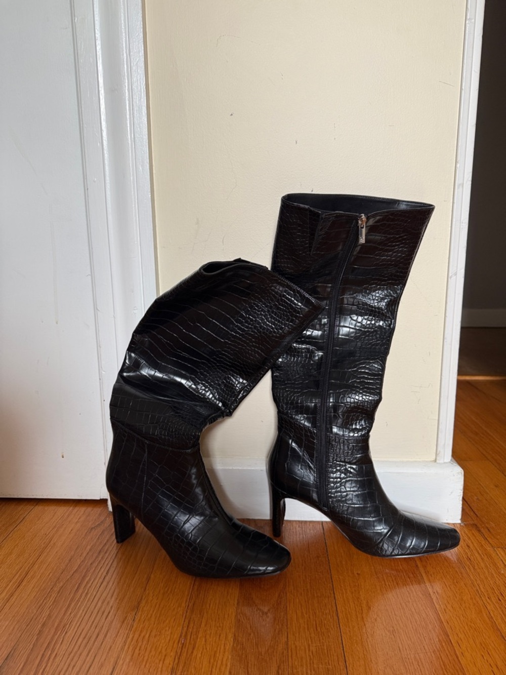 New York & Company Black Croc-Embossed Knee Boots